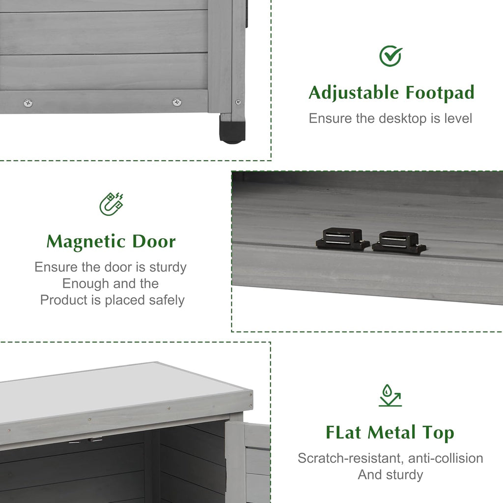 Outdoor Storage Cabinet & Potting Bench Table with Metal Top, Wooden Patio Furniture, Garden Workstation (Classic Grey, 36x31x17in)