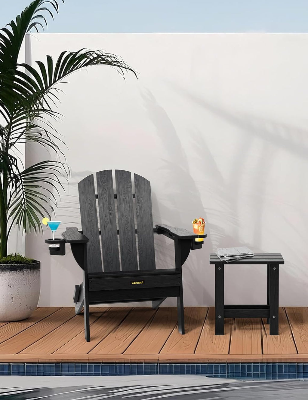 Folding Adirondack Chair Set of 2, Wooden Textured Plastic Adirondack Chairs with 2 Cup Holder, Weather Resistant HDPE Fire Pit Chair, Outdoor Patio Chairs for Garden, Backyard, Lawn, Deck, Black