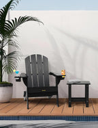 Folding Adirondack Chair Set of 2, Wooden Textured Plastic Adirondack Chairs with 2 Cup Holder, Weather Resistant HDPE Fire Pit Chair, Outdoor Patio Chairs for Garden, Backyard, Lawn, Deck, Black