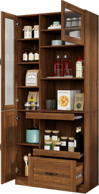 KEIKI 70.87" H Tall Kitchen Pantry Storage Cabinet with Countertop, Glass Doors, Drawers, Microwave Stand & Pull-Out Shelf, Freestanding Wood Hutch Food Pantries Cupboard for Coffee Bar, Dining Room