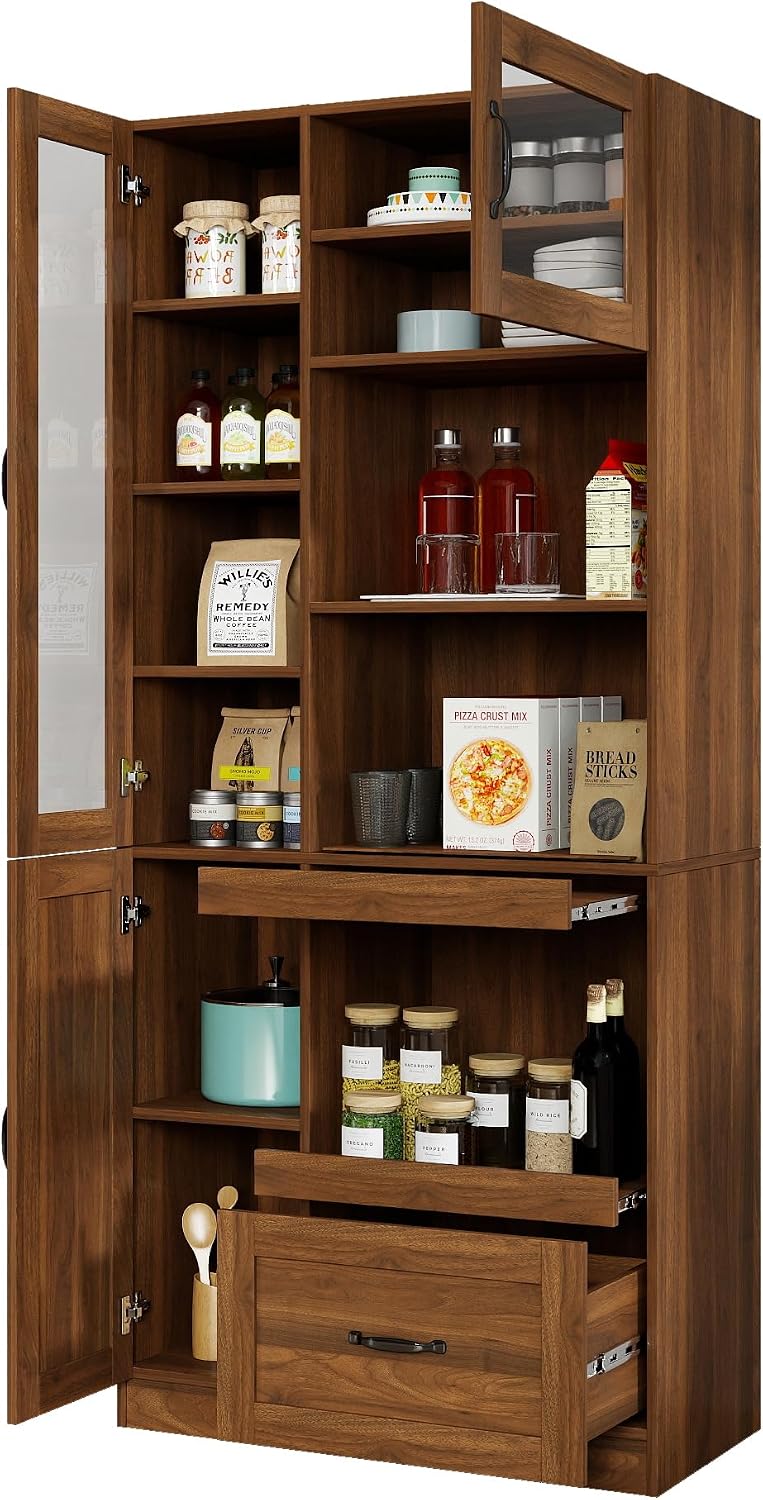KEIKI 70.87" H Tall Kitchen Pantry Storage Cabinet with Countertop, Glass Doors, Drawers, Microwave Stand & Pull-Out Shelf, Freestanding Wood Hutch Food Pantries Cupboard for Coffee Bar, Dining Room