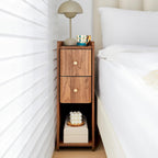 Narrow End Table Bedroom, Wooden Small 2 Drawer Nightstand, Thin Couch Side End Table, Skinny Bedside Table Small Spaces, Mid Century Modern Night Stand with Drawers (Walnut-1 pc)