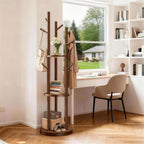 Solid Wood Rotary Coat Rack, Coat Rack Freestanding with 3 Storage Shelves & 9 hooks, Coat Tree for Entryway, Livingroom, Bedroom, Coat Hanger Stand for Coats, Scarves, Handbags, Hat (Walnut)
