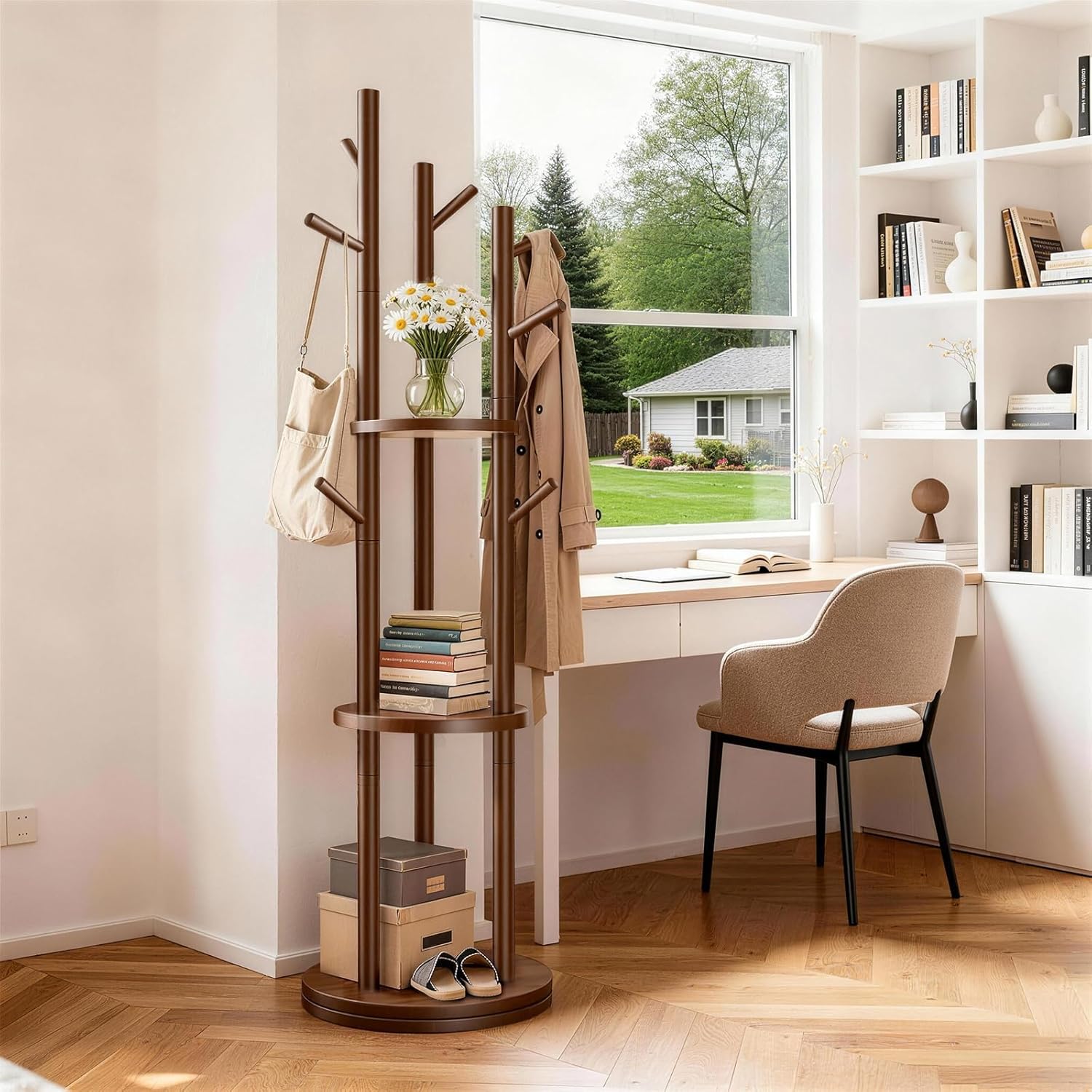 Solid Wood Rotary Coat Rack, Coat Rack Freestanding with 3 Storage Shelves & 9 hooks, Coat Tree for Entryway, Livingroom, Bedroom, Coat Hanger Stand for Coats, Scarves, Handbags, Hat (Walnut)