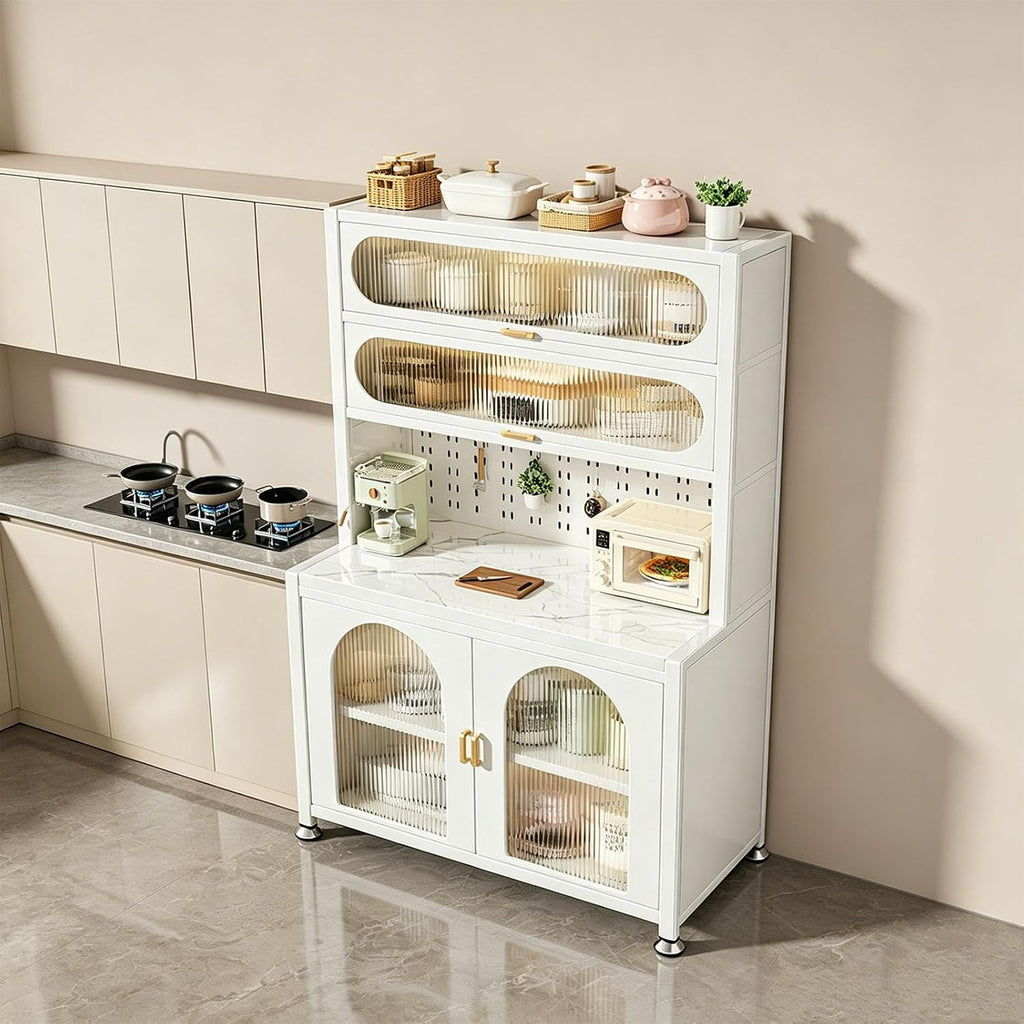 Kitchen Storage Cabinet, Modern Hutches with Countertop, Freestanding Pantry Cabinet Metal Storage Cabinet with Flip-up Doors, for Kitchen Dining Living Room (White, 80X42X194CM)