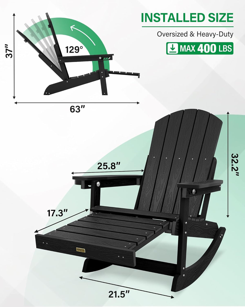YEFU Outdoor Rocking Chairs Set of 2, Adirondack Chair with Retractable Ottoman, Adjustable Adirondack Rocking Chair,Rockings Chairs Outside,Weather Resistant,for Patio,Porch,Lawn,Heavy Duty,Black