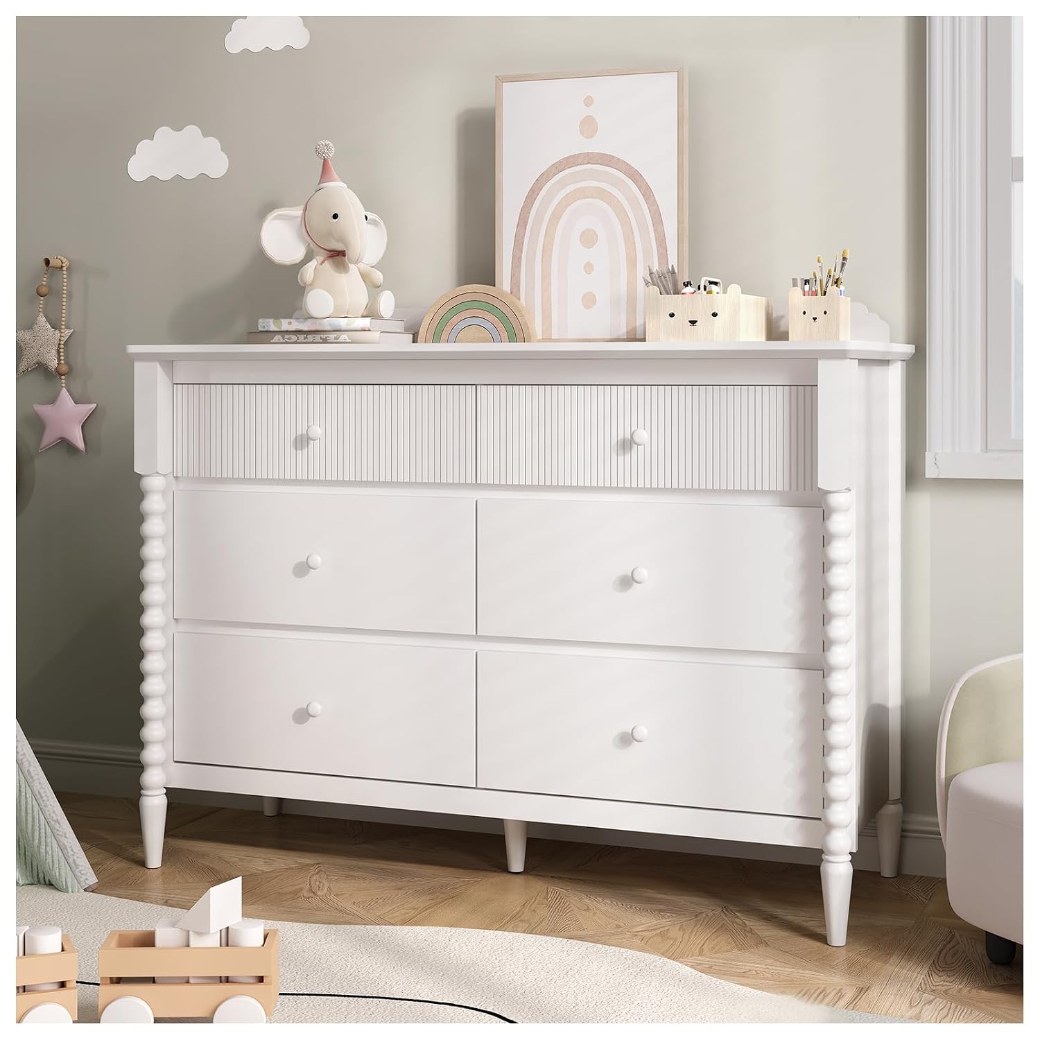 JOINICE White Nursery Dresser for Kids Bedroom, 6 Drawers for Storage | Jenny Lind Spindle Legs Dresser, Baby Clothes Organizer for Toddlers, Children's Room, Anti-tip Kit for Safety