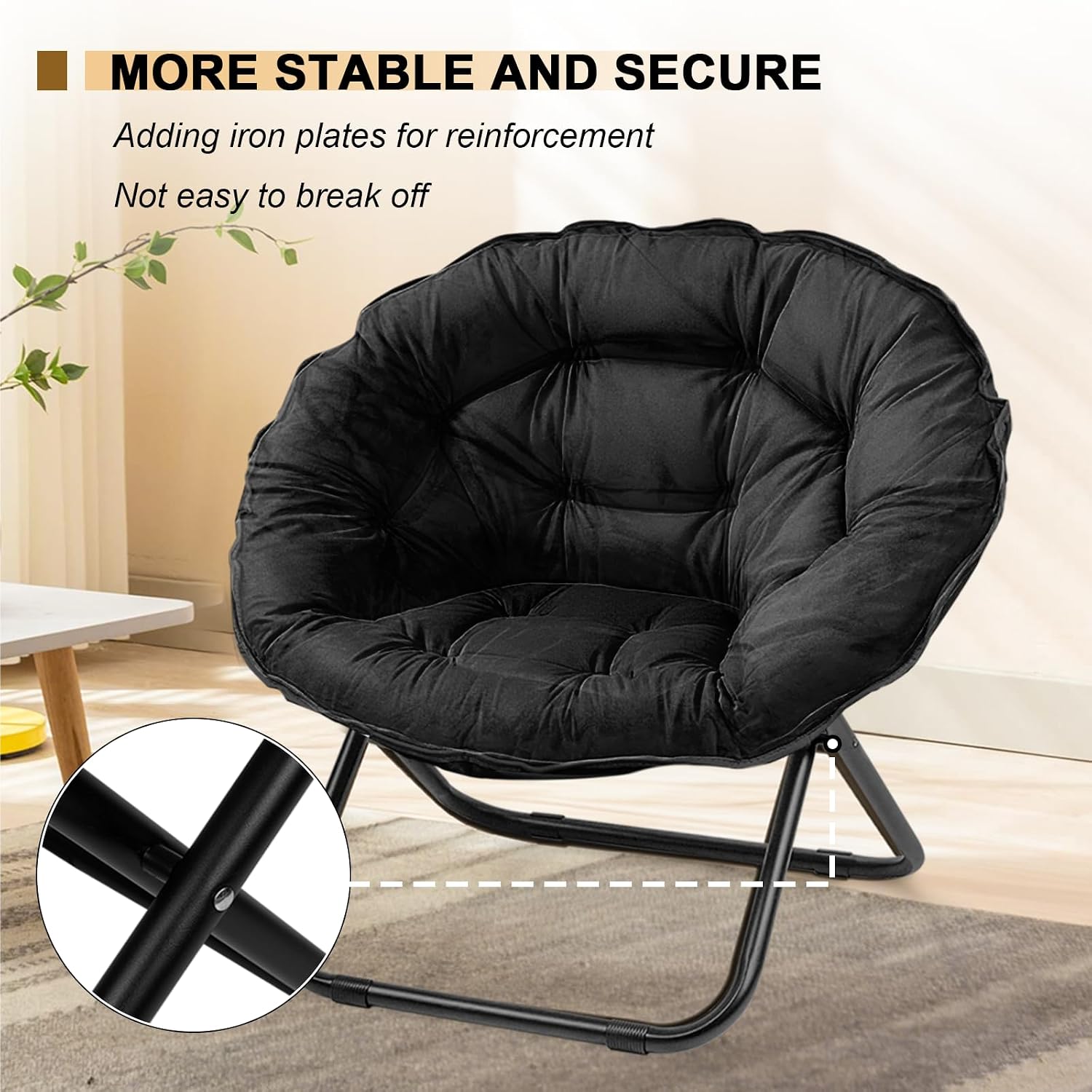 Grezone Folding Saucer Chair, Oversized Lazy Moon Chair with Metal Frame, Comfy Bedroom Chairs for Bedroom, Living Room, Study Black JC