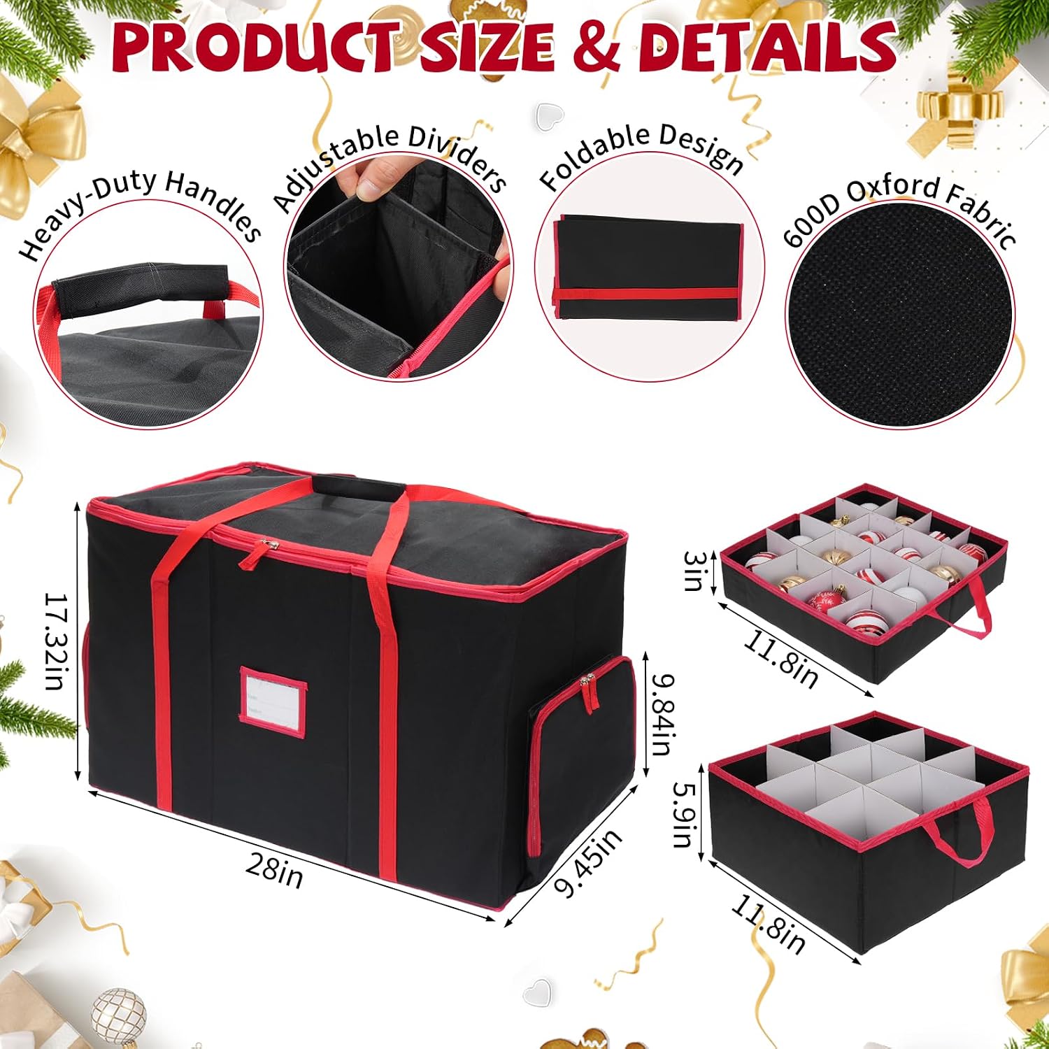 2-in-1 Christmas Ornament Storage Box & Xmas Figurine Container with Dual Zipper Closure Adjustable Dividers and Removable Trays Premium Christmas Ornament Storage Containerd(Black)