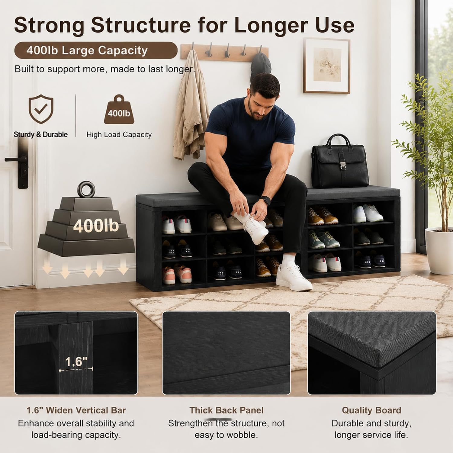 AMONIDA Shoe Storage Bench with Cushion, Entryway Bench with Shoe Storage,18 Cubby Shoe Bench with Removable Dividers, Shoe Organizer Bench for Entryway, Living Room, Light Grey (18, Black)