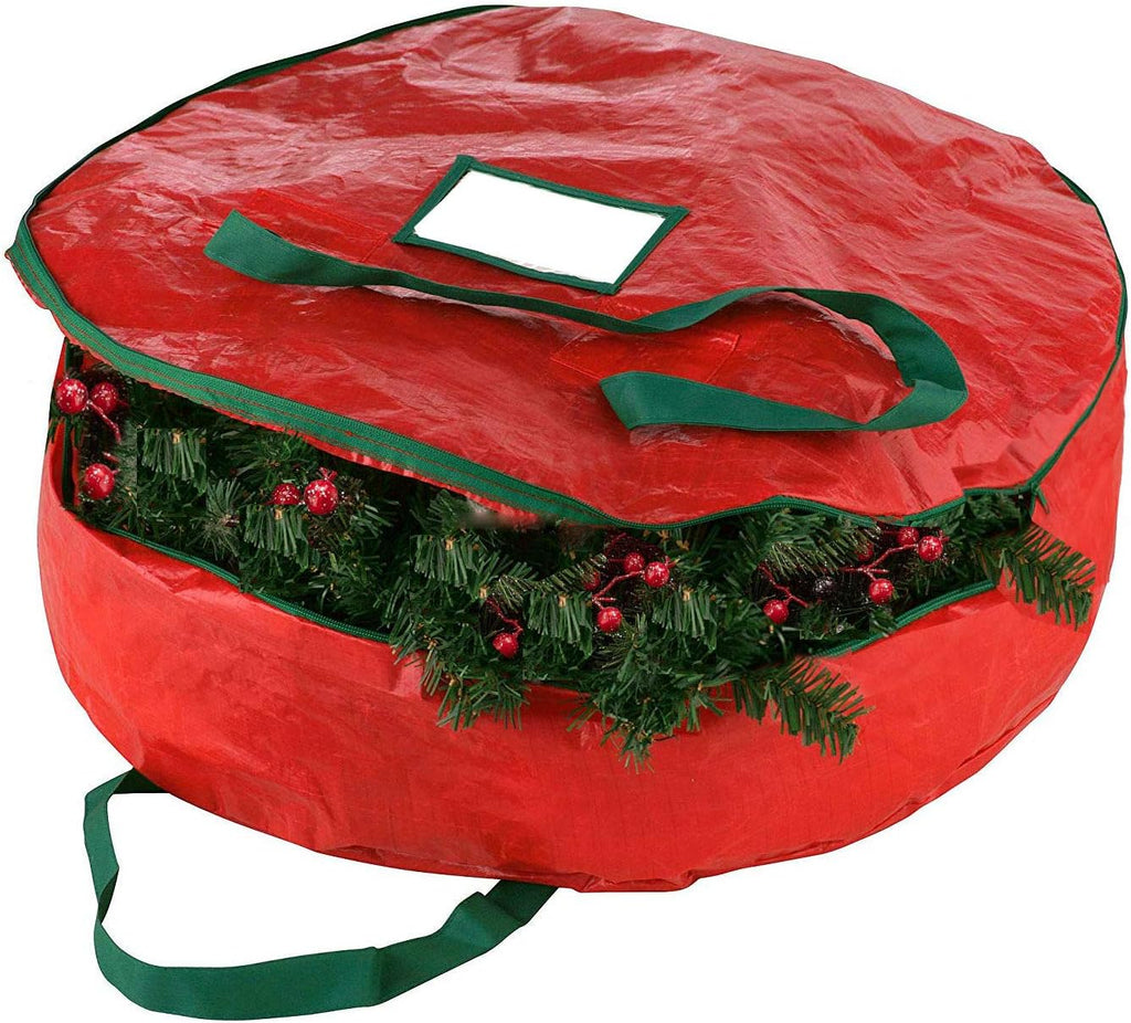 Christmas Wreath Storage Bag 30"-Tear Resistant Zippered Bag with Reinforced Handles -30 x 30 x 8 (Red)