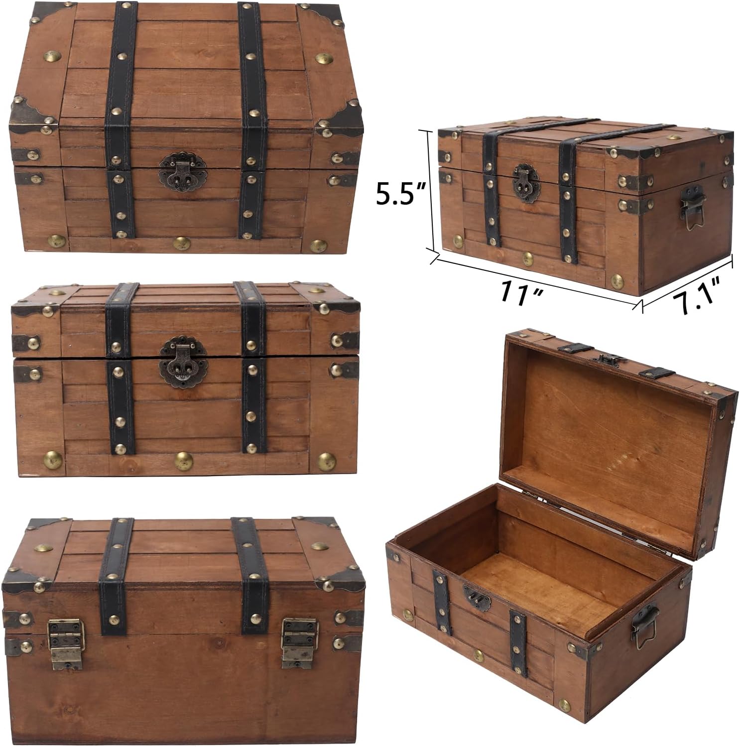 DECOR4SEASON Vintage Wooden Treasure Chest (11" x 7.1" x 5.5") - Decorative Pirate Box with Sturdy Hinged Lid - Antique Style Storage Trunk for Classroom, Keepsakes, & Party Props - Brown
