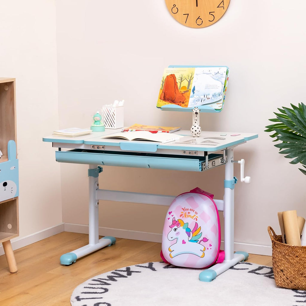 Costzon Kids Desk, Ergonomic Height-Adjustable Children Study Table w/Tiltable Desktop & Book Stand, Pull-Out Storage Drawer & Scale Ruler, Student Workstation for Writing, Drawing, Reading (Blue)