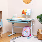Costzon Kids Desk, Ergonomic Height-Adjustable Children Study Table w/Tiltable Desktop & Book Stand, Pull-Out Storage Drawer & Scale Ruler, Student Workstation for Writing, Drawing, Reading (Blue)