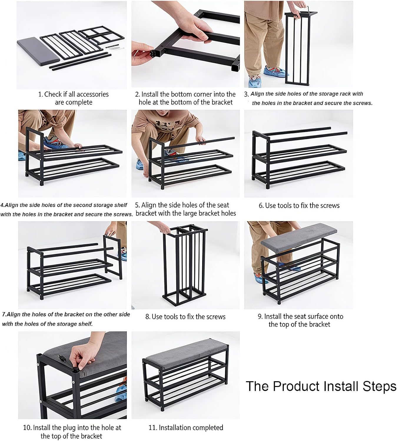 2-Tier Shoe Bench with Padded Cushion, 12-Pair Entryway Storage with Sturdy Metal Frame, Space-Saving Shoe Rack with Seat, Gray, 31.9x12x19.3 Inches