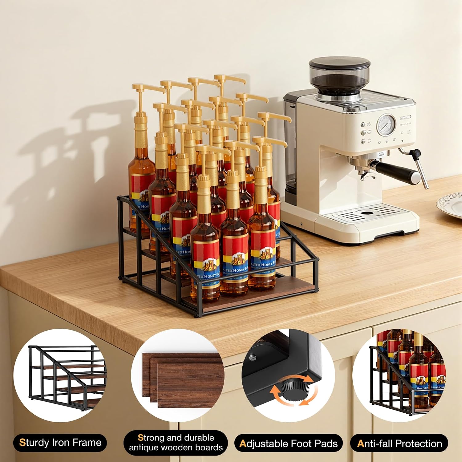 kimilus Coffee Syrup Organizer Rack, Liquor Bottle Display Shelf, 4 Tier 16 Syrup Bottles Holder Stand for Coffee Bar Kitchen Small Wine Rack for Family Storage for Syrup Wine Dressing