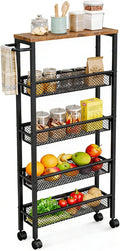 AZERPIAN Slim Rolling Cart 5 Tier Narrow Storage Cart on Wheels with MDF Board Top and Metal Handle for Small Space Kitchen Living Room Home Office Pantry Bathroom Laundry (16.38 x 5.12 x 39.17 inch)
