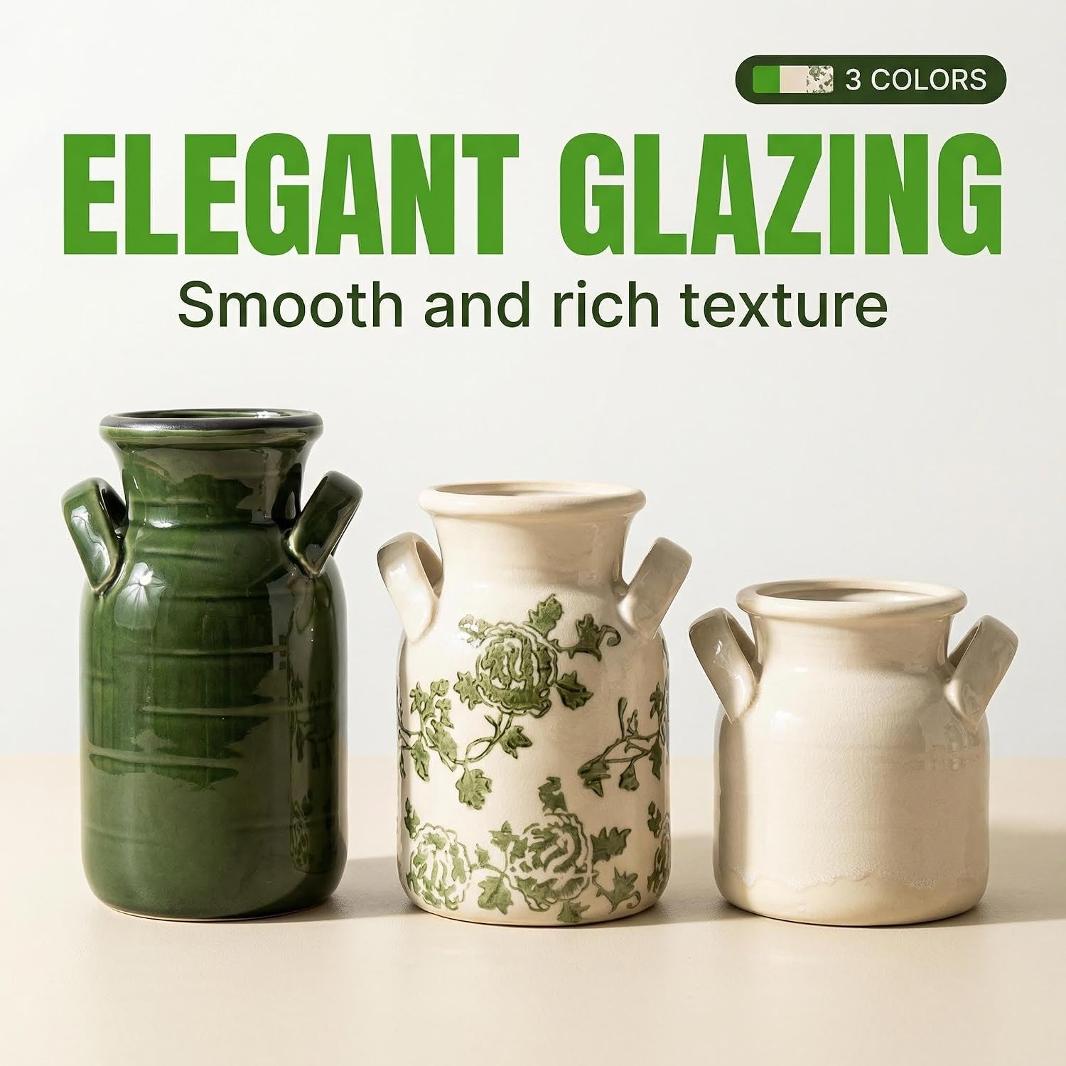 Ceramic Vase Set of 3 with Two Handles, Green White Neutral Rustic Modern Farmhouse Boho Decor, Versatile as Table Centerpiece or Mantel & Shelf Accent - Unique Home Gift Idea