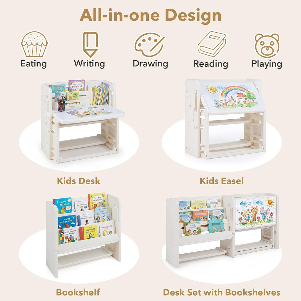 Costzon Toddler Table and Chair Set, Art Desk Set w/Side Bookshelves, Storage Boxes, Whiteboard & Tiltable Desktop, Kids Table and Chair for Writing, Painting, Reading