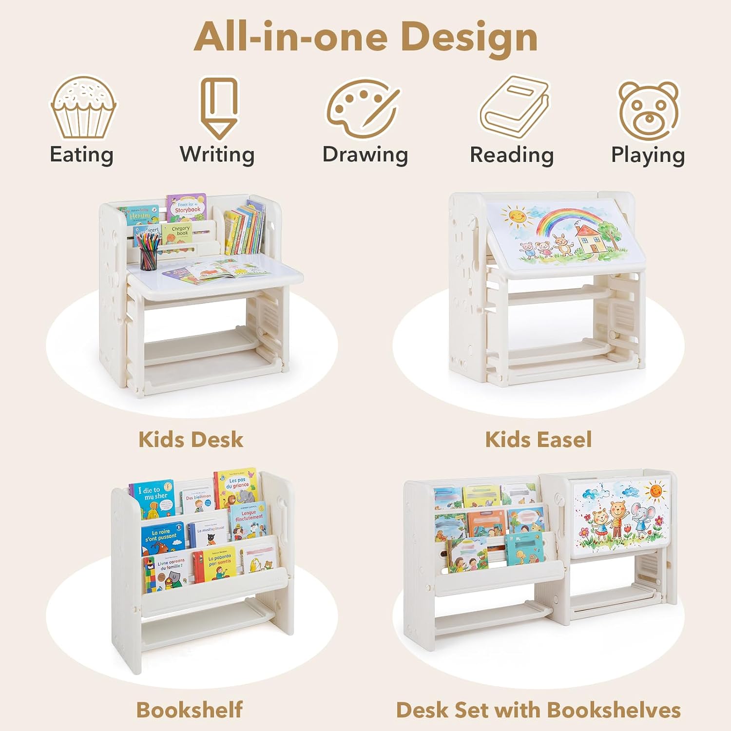 Costzon Toddler Table and Chair Set, Art Desk Set w/Side Bookshelves, Storage Boxes, Whiteboard & Tiltable Desktop, Kids Table and Chair for Writing, Painting, Reading