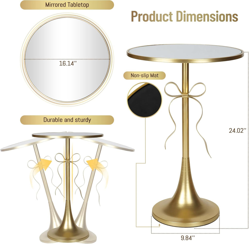 Gold Metal Side Table, Retro Bow Pedestal End Table with Mirror Tabletop, Decorative Martini Drink Table for Small Space, Living Room, Couch, Patio