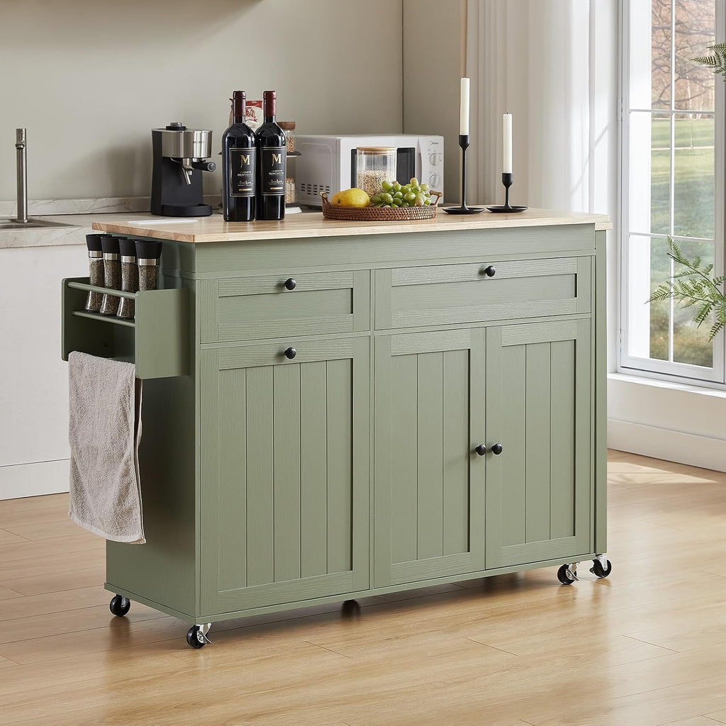 Kitchen Islands with Extendable Dining Table, Mobile Storage Islands, Green | 81.7" Rolling Kitchen Cart with Trash Cabinet, Power Outlet, Spice Rack & Towel Rack