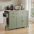 Kitchen Islands with Extendable Dining Table, Mobile Storage Islands, Green | 81.7" Rolling Kitchen Cart with Trash Cabinet, Power Outlet, Spice Rack & Towel Rack