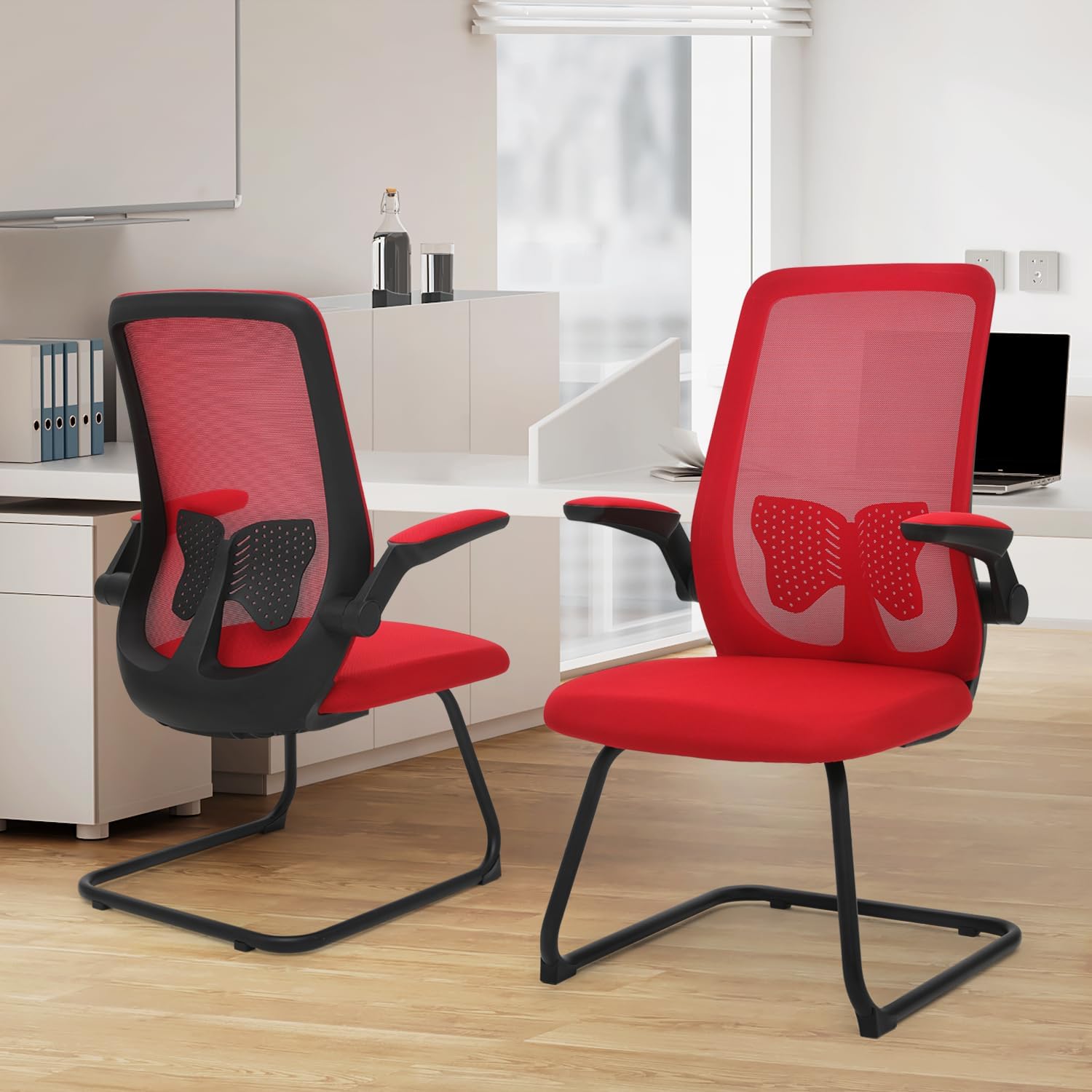 MoNiBloom Office Guest Chair Without Wheels, Lumbar Support Sled Chair Ergonomic Middle Back Task Chair with Flip-Up Arms for Reception Conference Wait Room 250 LBS Capacity, Set of 2, Red