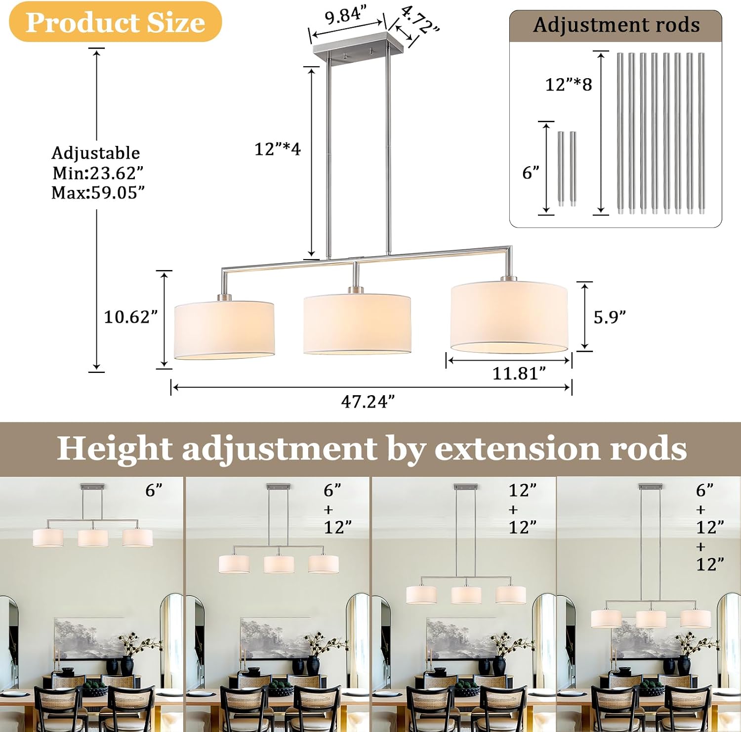 47" Linear Kitchen Island Lighting 3-Light Brushed Nickel Chandelier with White Fabric Drum Shade Adjustable Hanging Pendant Light for Dining Room Light Fixtures Over Table,Kitchen,Bar,Living Room,E26