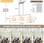 47" Linear Kitchen Island Lighting 3-Light Brushed Nickel Chandelier with White Fabric Drum Shade Adjustable Hanging Pendant Light for Dining Room Light Fixtures Over Table,Kitchen,Bar,Living Room,E26
