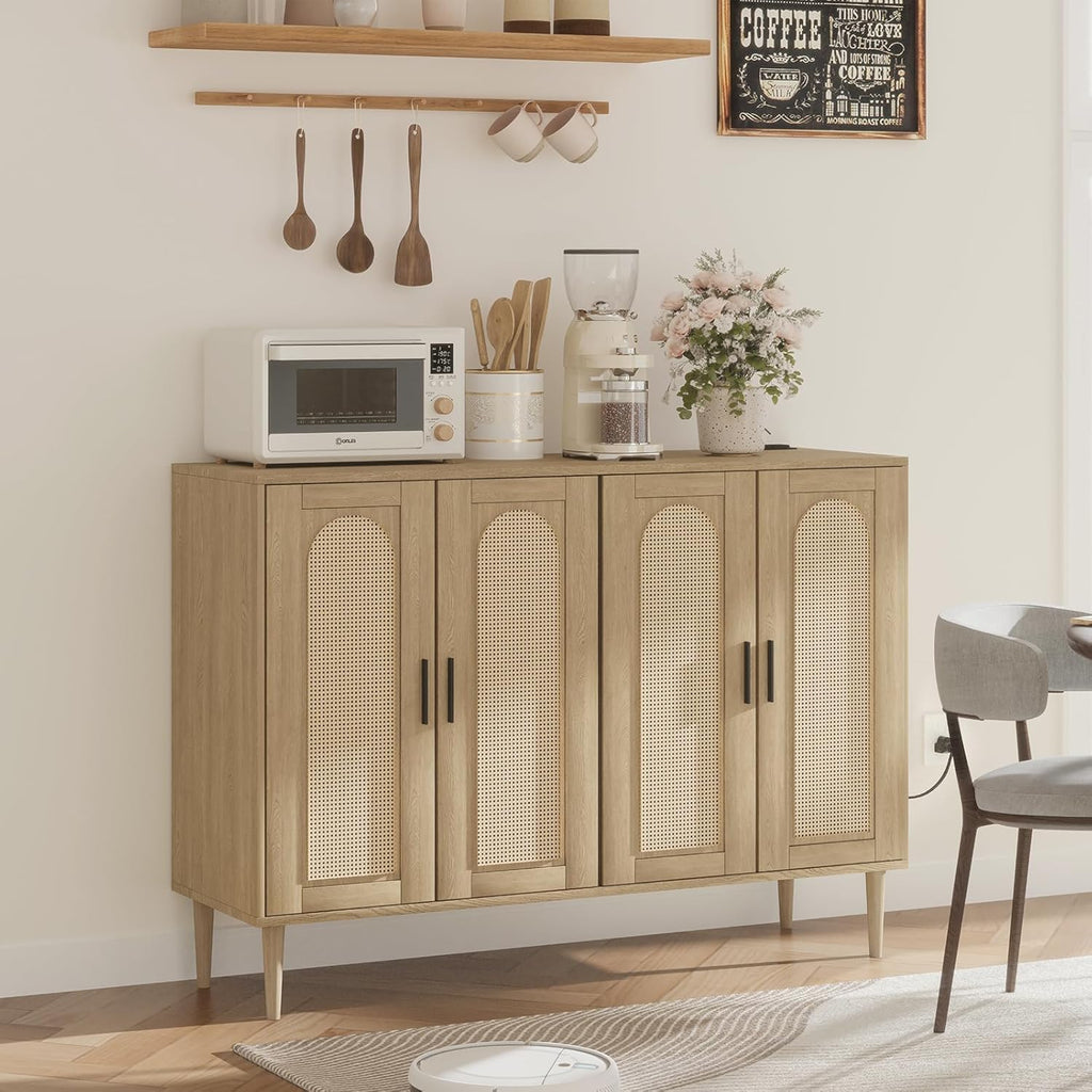 Patikuin Rattan Sideboard Buffet Cabinet, Boho Accent Storage Cabinet, 4 Doors Console Table Coffee Bar with Power Outlet, Adjustable Shelves for Kitchen, Dining Room, Hallway, Living Room