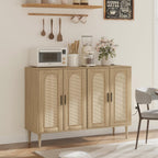 Patikuin Rattan Sideboard Buffet Cabinet, Boho Accent Storage Cabinet, 4 Doors Console Table Coffee Bar with Power Outlet, Adjustable Shelves for Kitchen, Dining Room, Hallway, Living Room