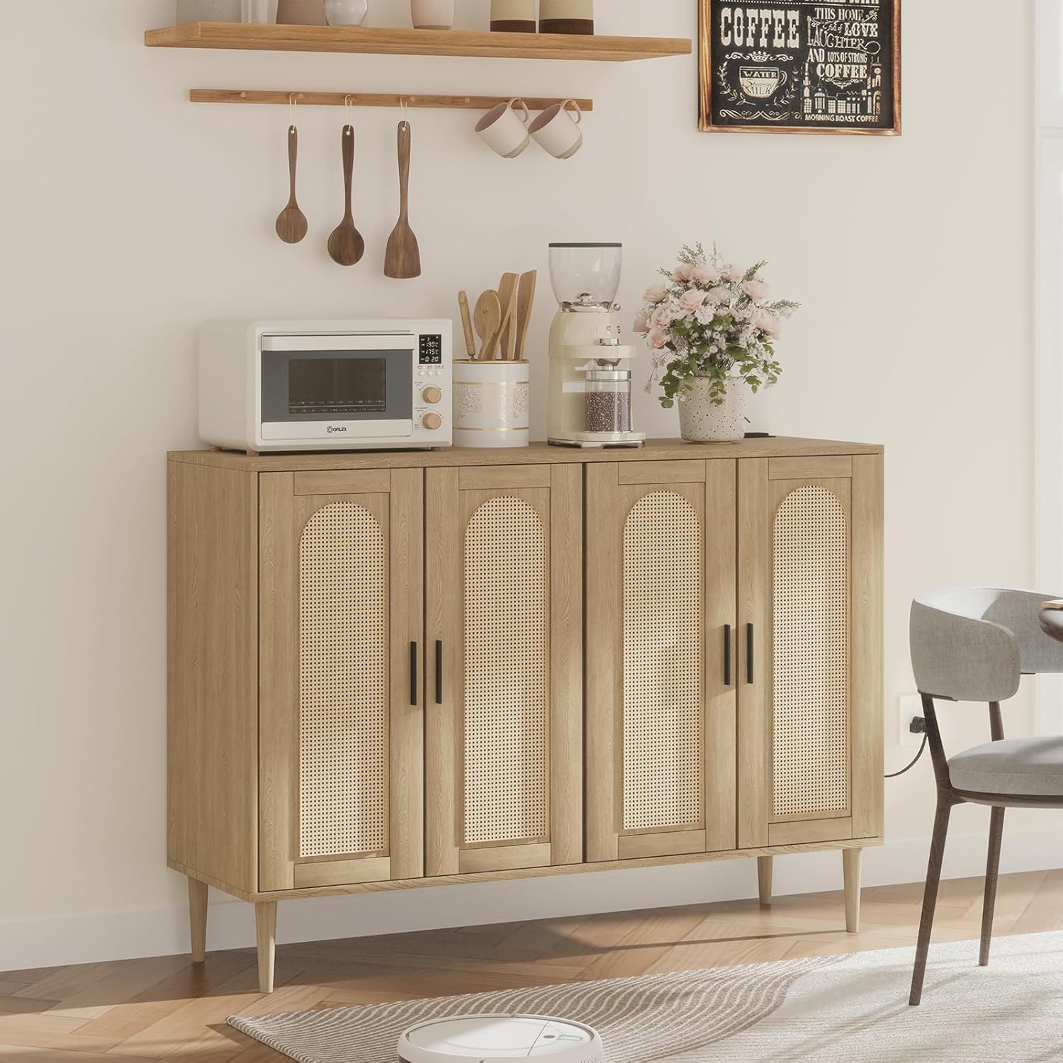 Patikuin Rattan Sideboard Buffet Cabinet, Boho Accent Storage Cabinet, 4 Doors Console Table Coffee Bar with Power Outlet, Adjustable Shelves for Kitchen, Dining Room, Hallway, Living Room
