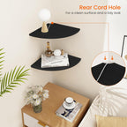 Homode Corner Floating Shelves, 12" Deep Corner Shelves Wall Mounted with Cord Hole, 2 Tier Curved Corner Hanging Shelving for Wall Storage, for Cable Box, TV Cords, Books, Plants, Black