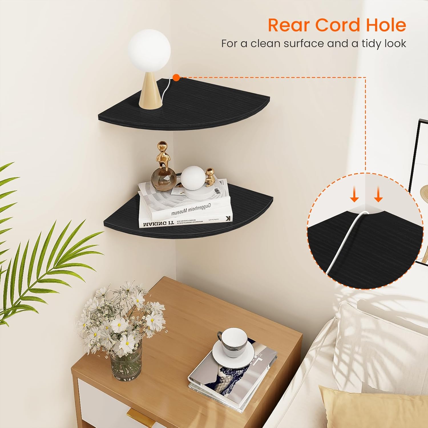 Homode Corner Floating Shelves, 12" Deep Corner Shelves Wall Mounted with Cord Hole, 2 Tier Curved Corner Hanging Shelving for Wall Storage, for Cable Box, TV Cords, Books, Plants, Black