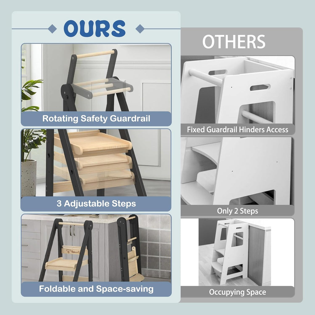 Foldable Toddler Kitchen Stool Helper, Toddler Standing Tower with 3 Adjustable Heights, Collapsible Wooden Step Stool for Kitchen & Bathroom, Montessori Learning Helper Tower for Toddlers Aged 1-6