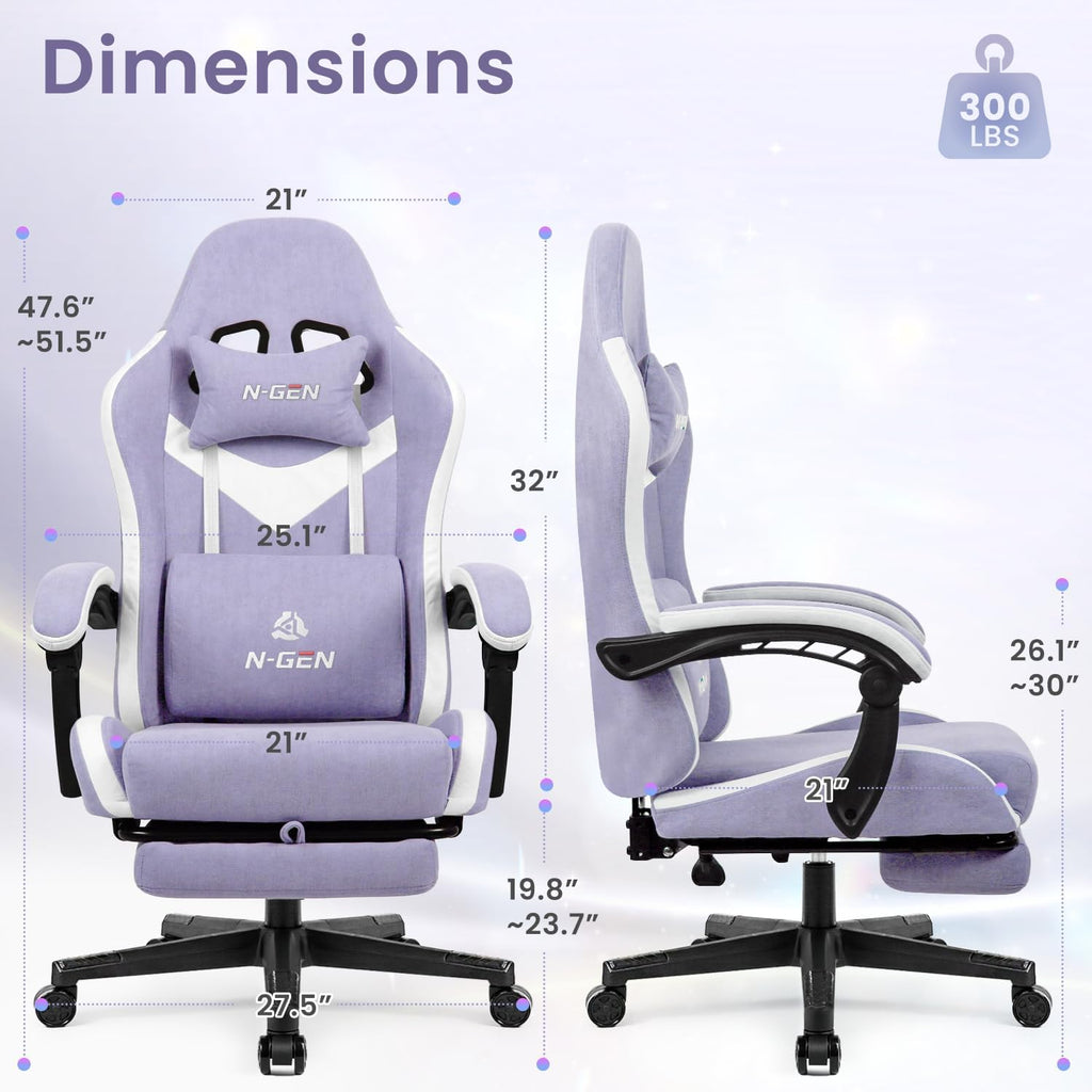 N-GEN GAMING Gaming Chair Video Game Computer Office Desk Use Ergonomic Reclining Backrest Adjustable Armrests Lumbar Support Footrest High Density Foam Breathable Fabric Heavy Duty Base (Purple)
