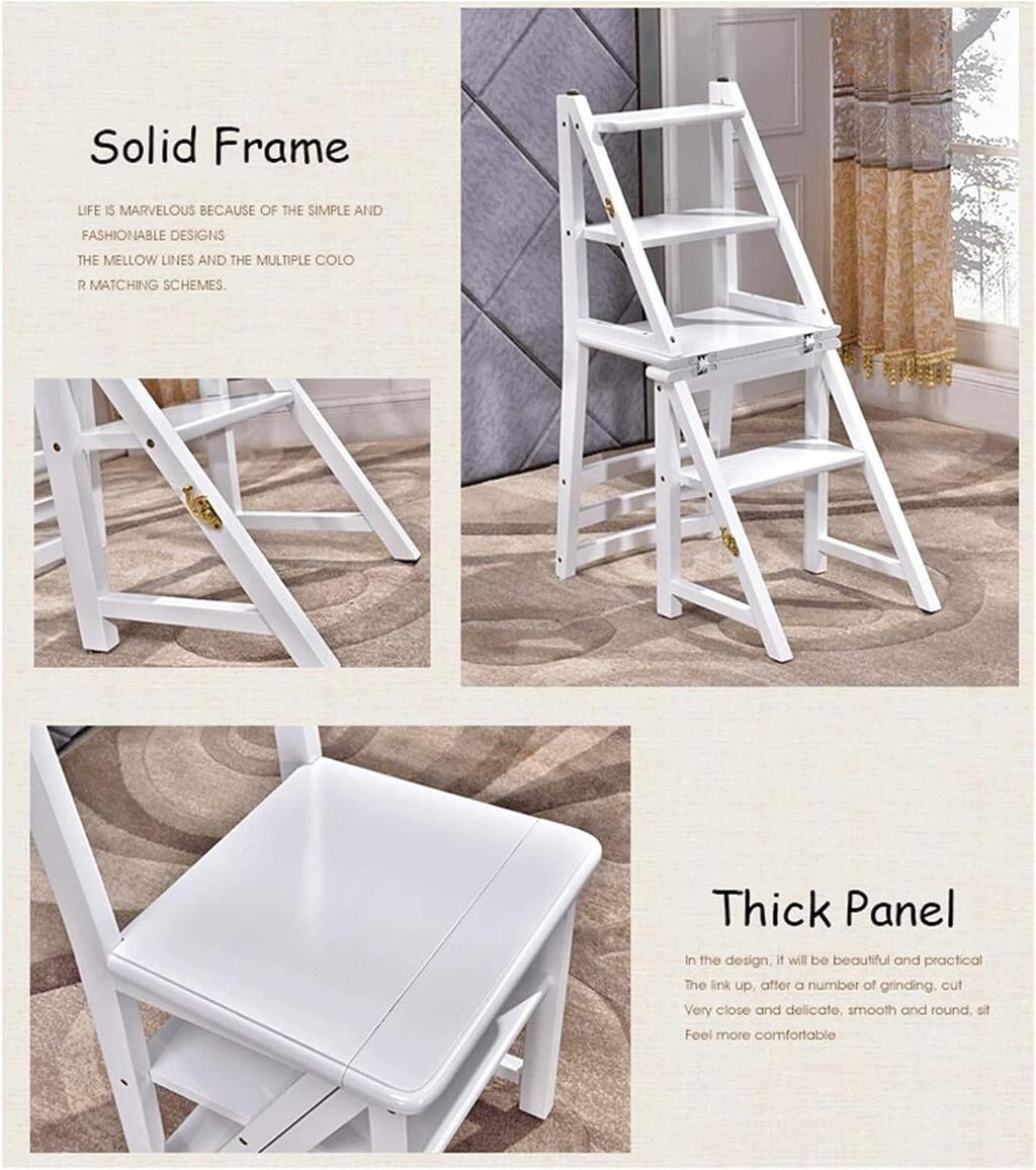 Step Stool 4-Step White Wooden Folding Ladder & Step Stool - Lightweight Dual-Use Shelving Ladder for Home, Library & Loft - 150kg Capacity