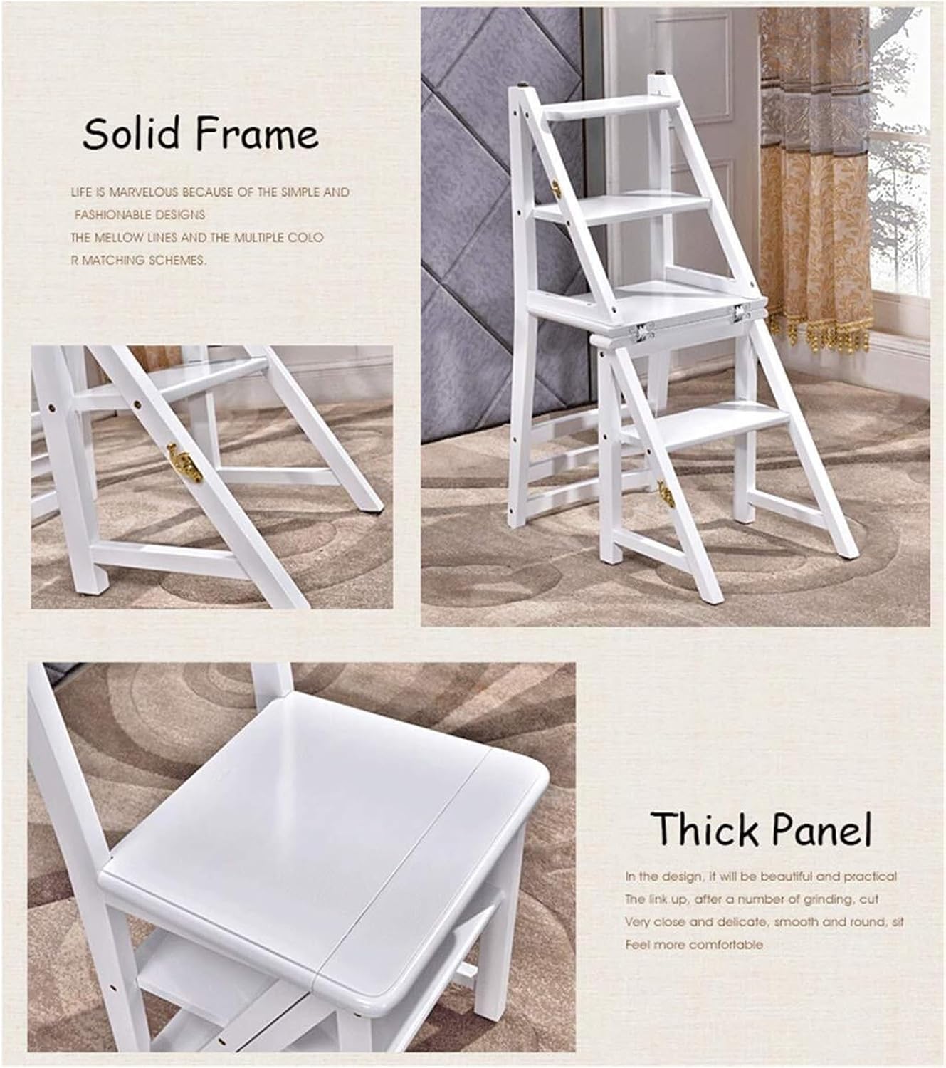 Step Stool 4-Step White Wooden Folding Ladder & Step Stool - Lightweight Dual-Use Shelving Ladder for Home, Library & Loft - 150kg Capacity