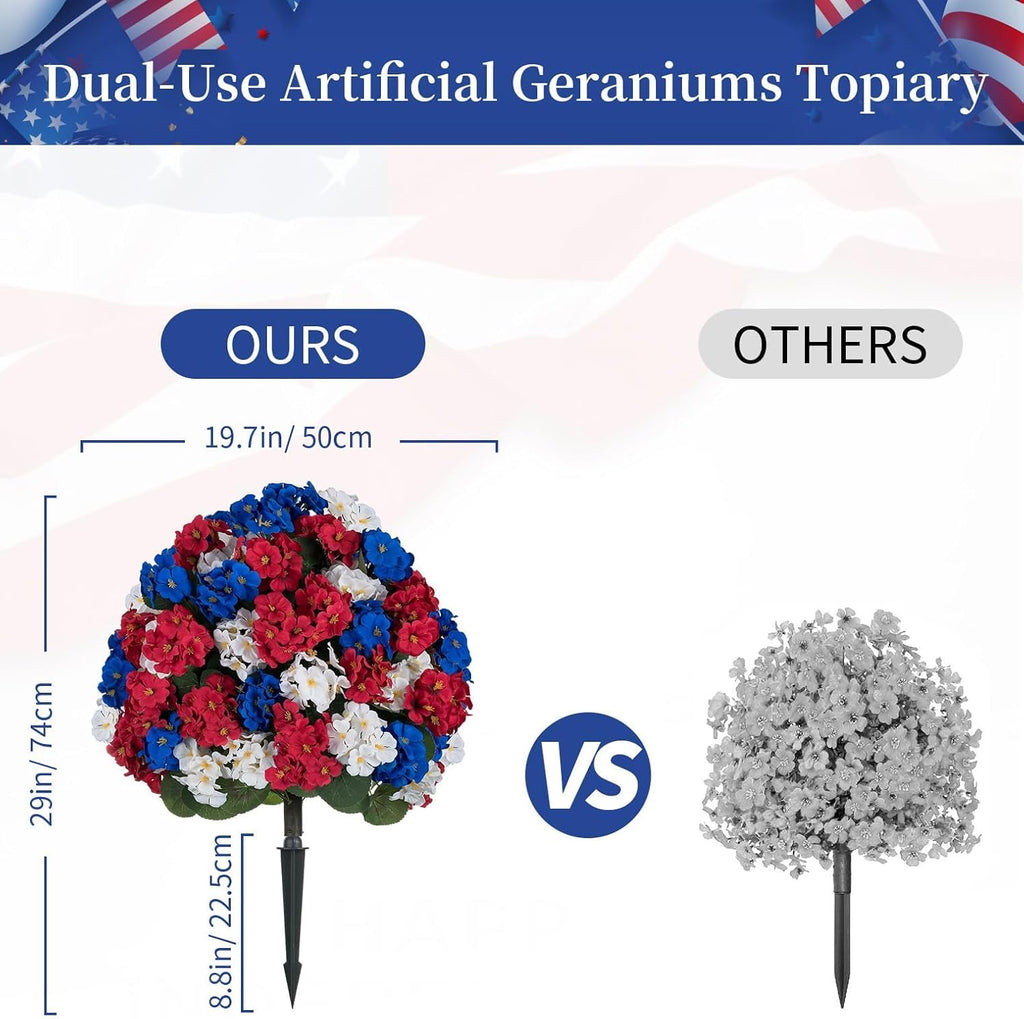 BLOSMON 4th of July Topiary Balls: Outdoor Set of 2 Red White Blue 29" H X 19.7" W Artificial Geraniums for 250 Anniversary Porch Decoration - Patriotic Fake Flowers Bush for Patio Planter