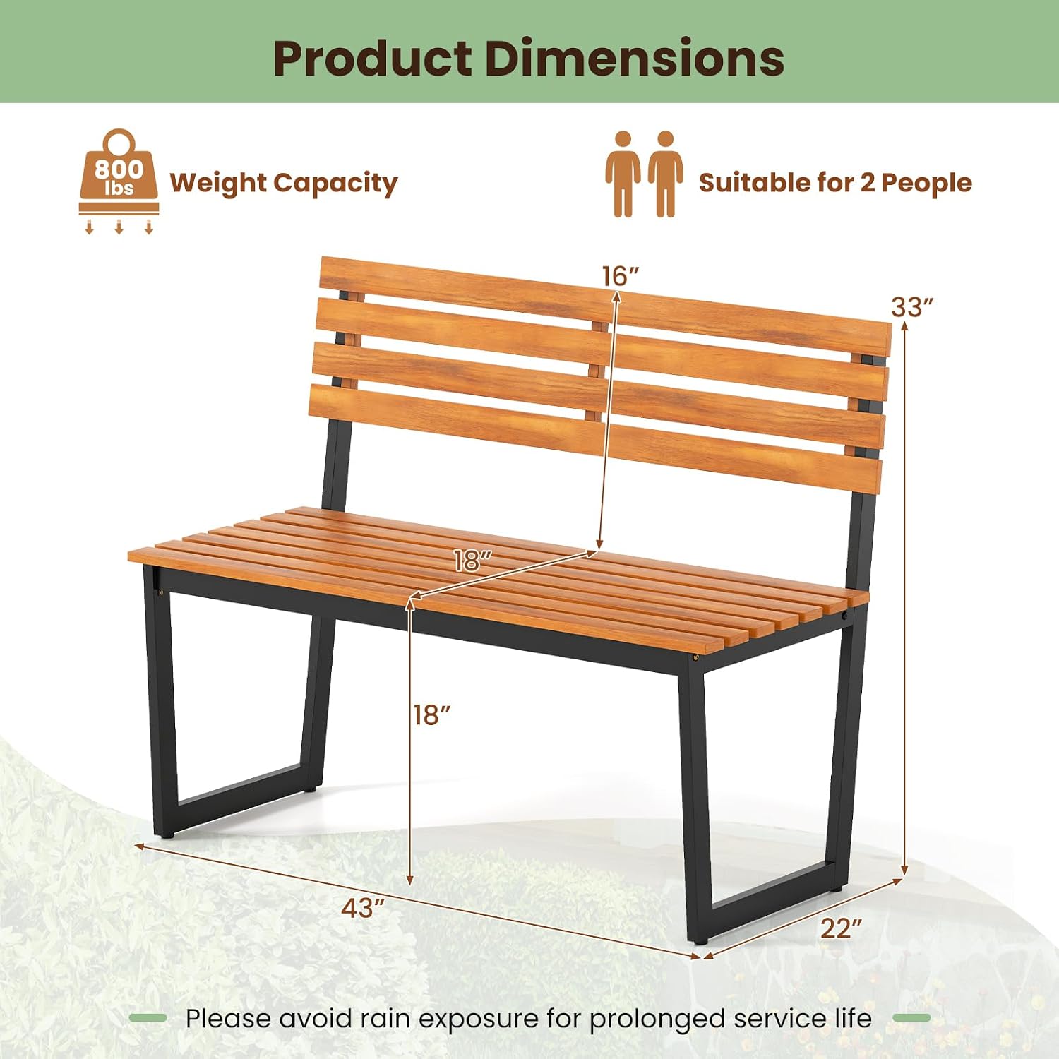 Tangkula 43" Outdoor Wood Bench, 2-Person Acacia Wood Bench with Heavy-Duty Metal Frame, Slatted Seat & Inclined Backrest, 800 lbs Weight Capacity, Patio Bench for Porch, Yard, Balcony, Lawn