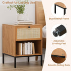 XIAO WEI Natural Rattan Nightstand Set of 2, Boho Night Stand with Drawer and Open Shelf, Bedside Table Accent Cane End Table Side Table for Bedroom Living Room, Metal Legs/Small/Light Brown
