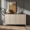 COLAMY 60" Sideboard Buffet Cabinet with Storage, Modern 4-Door Buffet Table with 3D Checkerboard Doors & Solid Wood Legs, Large Coffee Bar Cabinet for Dining Room, Living Room, Entryway, Oak Mist