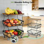 2 Pack Pantry Floor Organizeron with Wheels, 3 Tier Rolling Fruit Vegetable Basket for Kitchen Stackable Wire Basket Stand for Home Removable Metal Vegetable Rack Wire Snack Cart