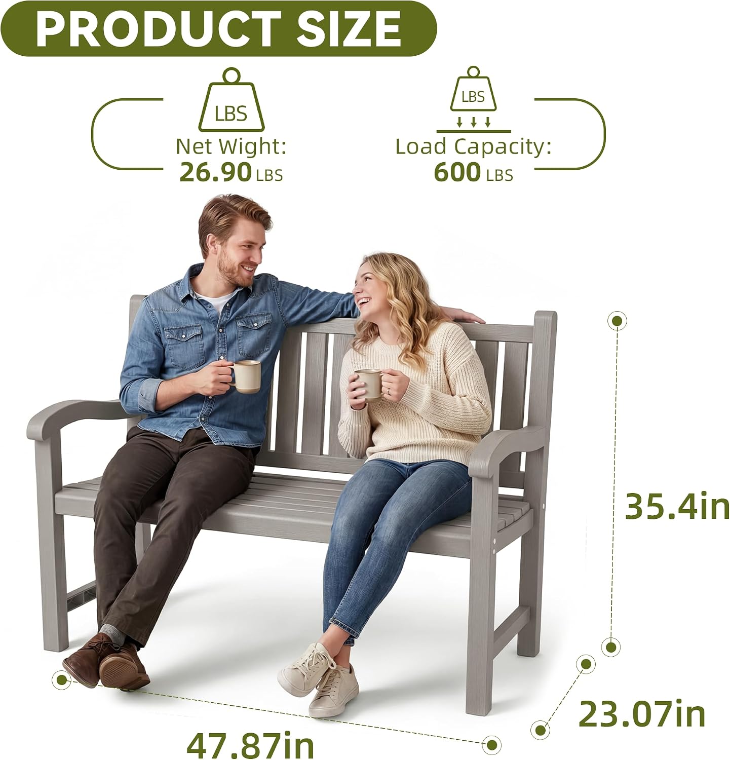 Outdoor Bench, 2-Person Outdoor Benches Weatherproof, 600 lbs Weight Capacity, Low Maintenance, Garden Bench for Patio, Park, Porch, Backyard, Balcony(Grey)