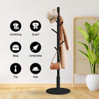 Coat Stand with Round Base, Freestanding Coat Rack with 8 Hooks, 172 x 38 x 38 cm, Wooden Hall Tree for Coats, Hats, Jackets, Bags & Umbrellas, Entryway, Hallway, Bedroom, Office (Black)
