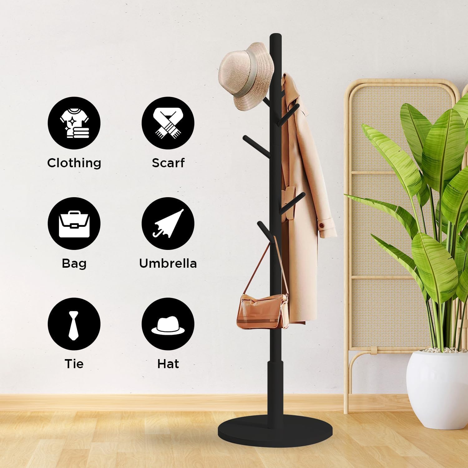 Coat Stand with Round Base, Freestanding Coat Rack with 8 Hooks, 172 x 38 x 38 cm, Wooden Hall Tree for Coats, Hats, Jackets, Bags & Umbrellas, Entryway, Hallway, Bedroom, Office (Black)