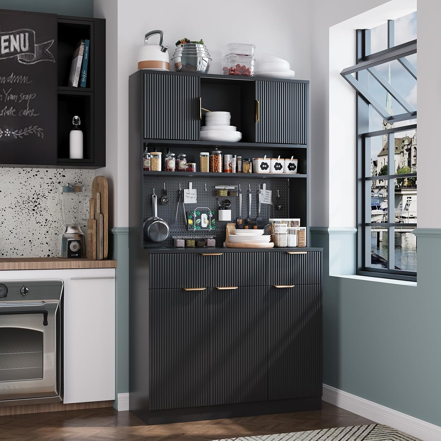 Kitchen Pantry Cabinet with Storage & Pegboard, 71" Tall Hutch Storage Cabinet with Power Outlets, Freestanding Food Pantry with Microwave Stand Spice Rack for Dining Room - Black