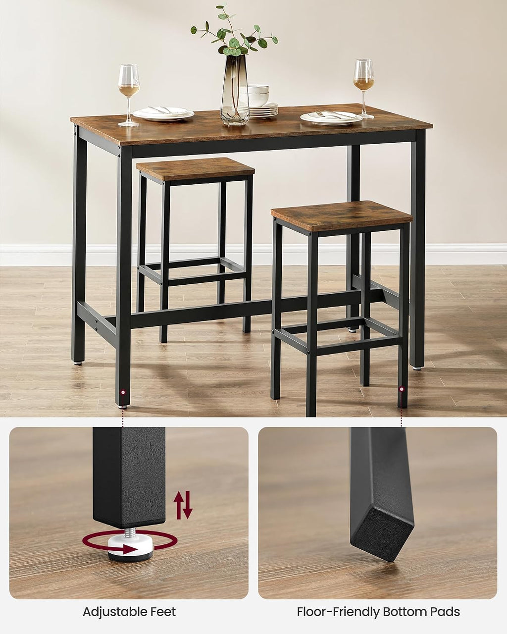 VASAGLE Bar Table and Chairs Set, Rectangular Table with 2 Stools, Dining Pub Set for 2, Space Saving for Kitchen Breakfast, Living Room, Party Room, Rustic Brown and Black ULBT15X