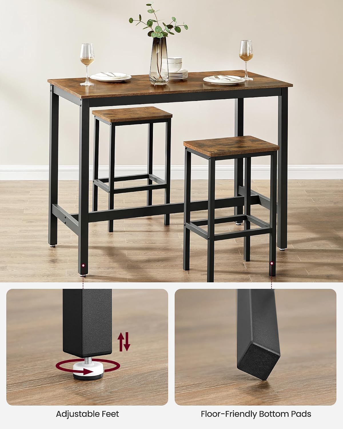VASAGLE Bar Table and Chairs Set, Rectangular Table with 2 Stools, Dining Pub Set for 2, Space Saving for Kitchen Breakfast, Living Room, Party Room, Rustic Brown and Black ULBT15X